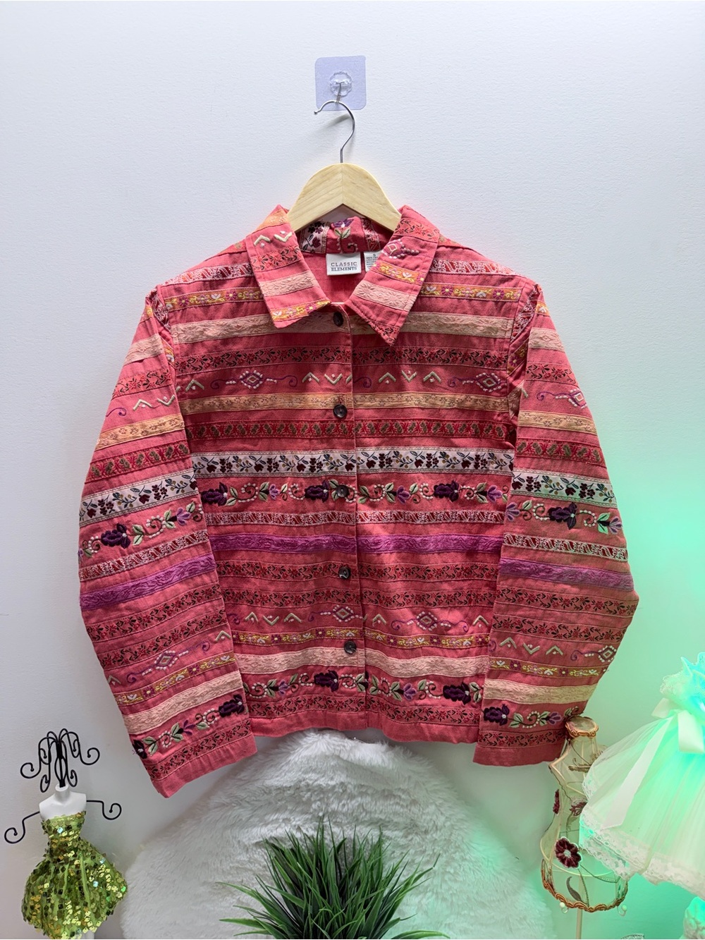 100% Cotton Pin Embroidered Ribbon Button-Up Light Weight Summer Dressy Jacket 💞